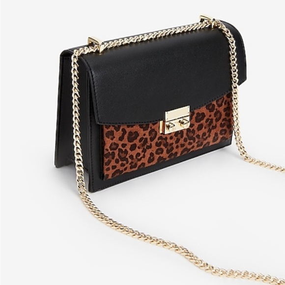 Express Animal Print Vegan Leather Flap Gold Chain Handbag Brown Black - Picture 1 of 10
